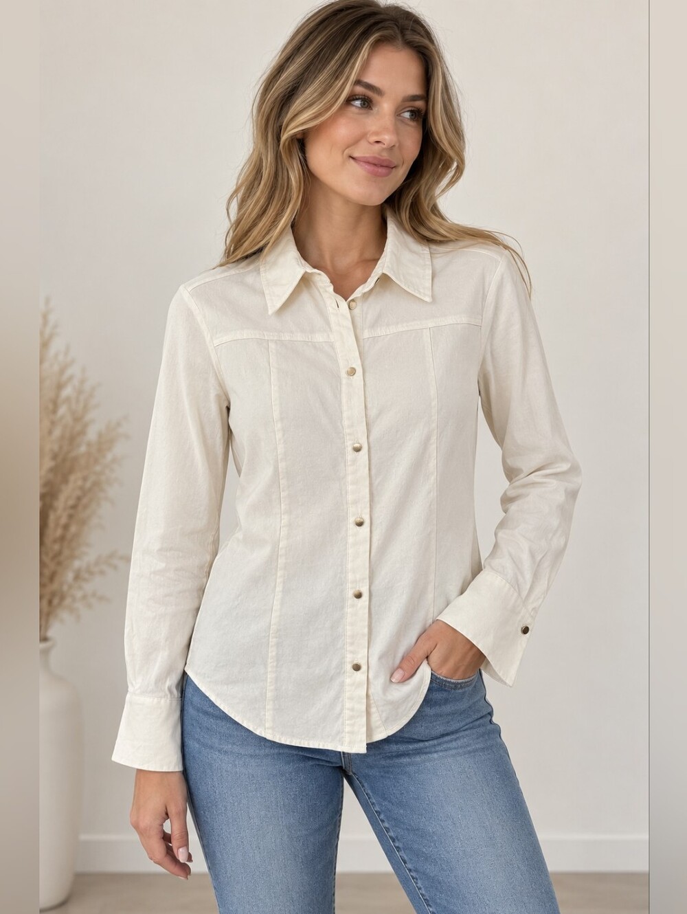 5/$25 Zara Cream Button-Front Long Sleeve Shirt